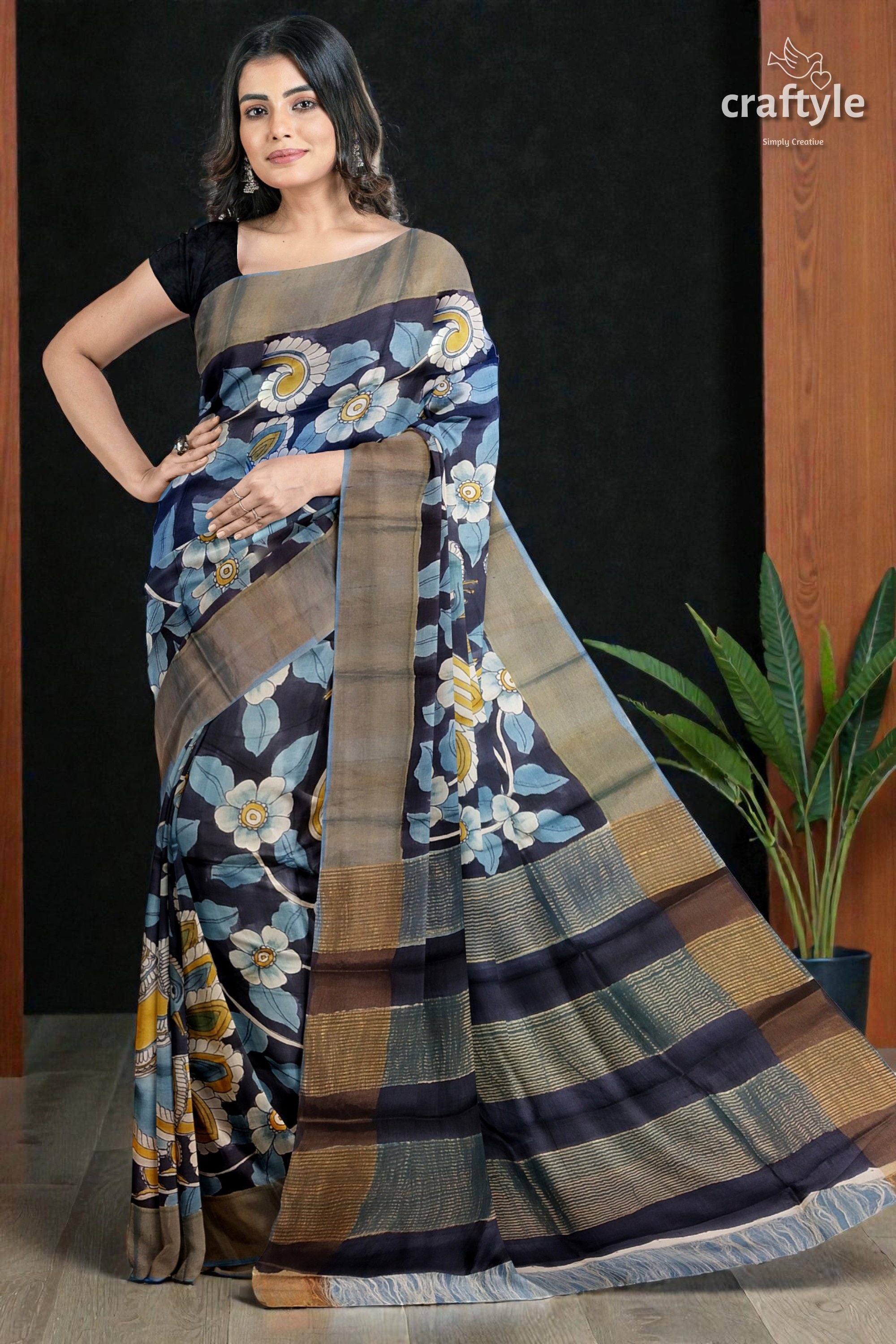 Charcoal Black Hand-Painted Pure Tussar Kalamkari Saree with Zari Border