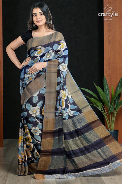 Charcoal Black Hand-Painted Pure Tussar Kalamkari Saree with Zari Border