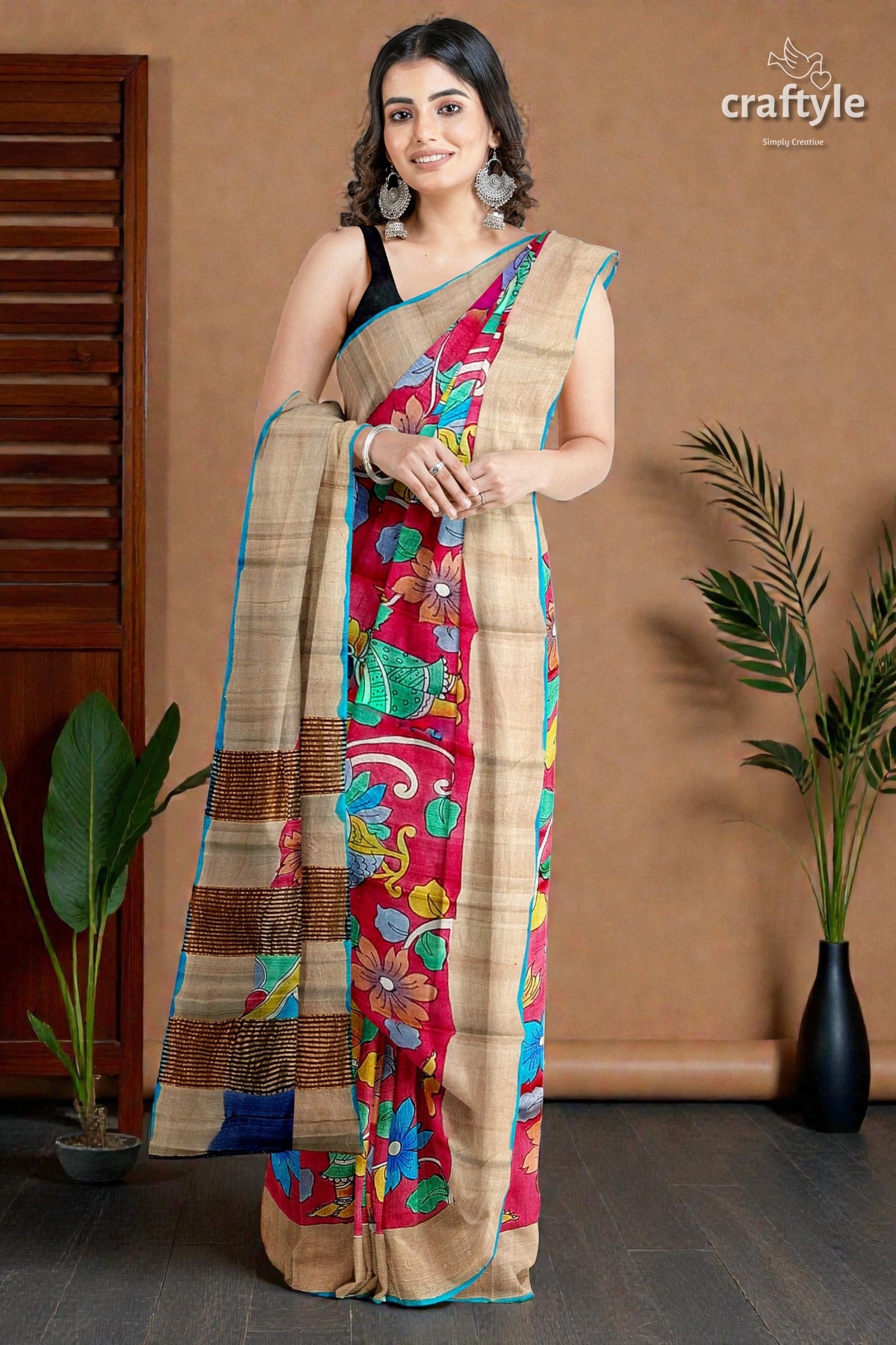 Hand-Painted Pure Tussar Silk Saree - Red Kalamkari Design with Zari Border