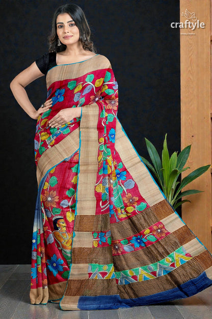 Hand-Painted Pure Tussar Silk Saree - Red Kalamkari Design with Zari Border