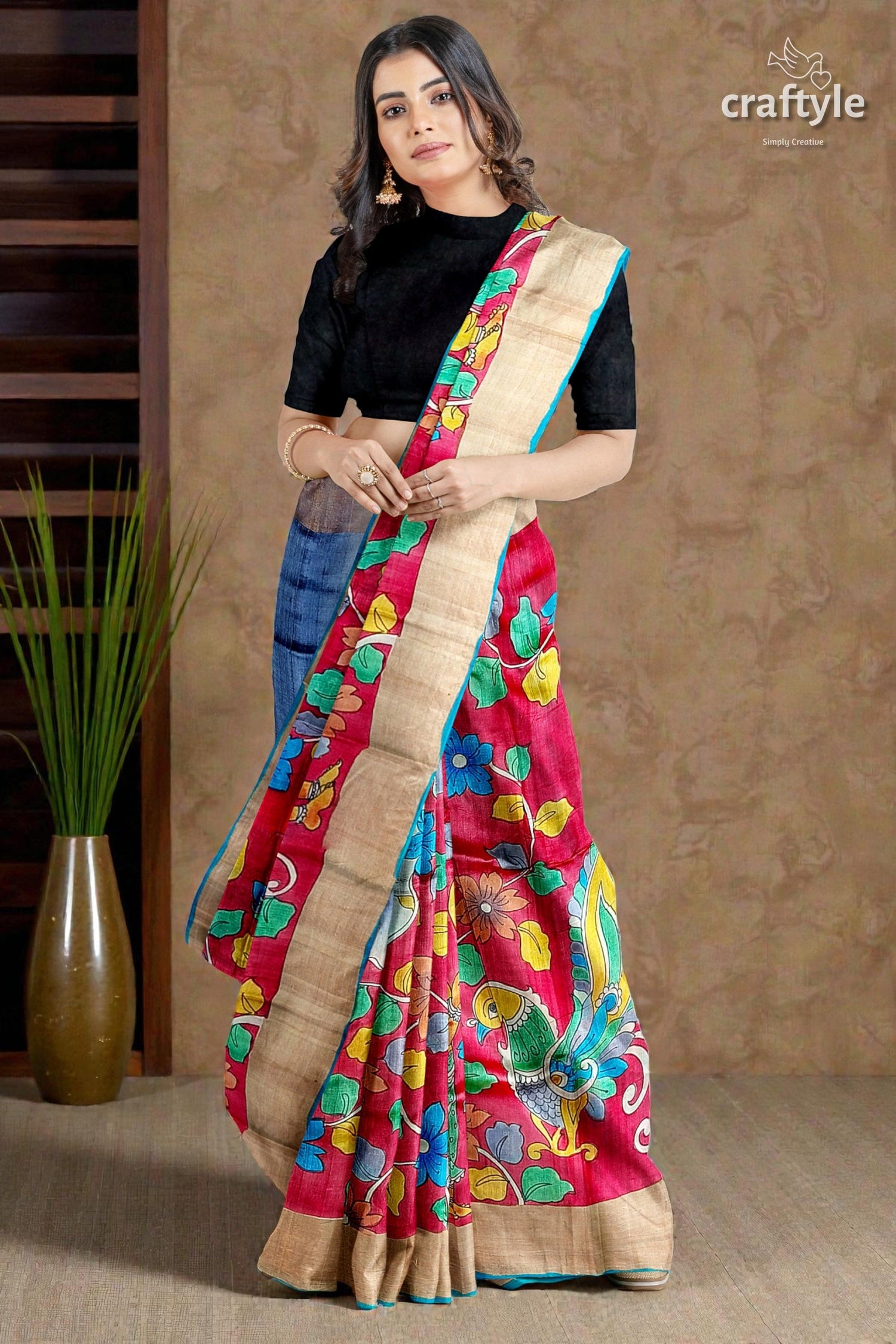 Hand-Painted Pure Tussar Silk Saree - Red Kalamkari Design with Zari Border