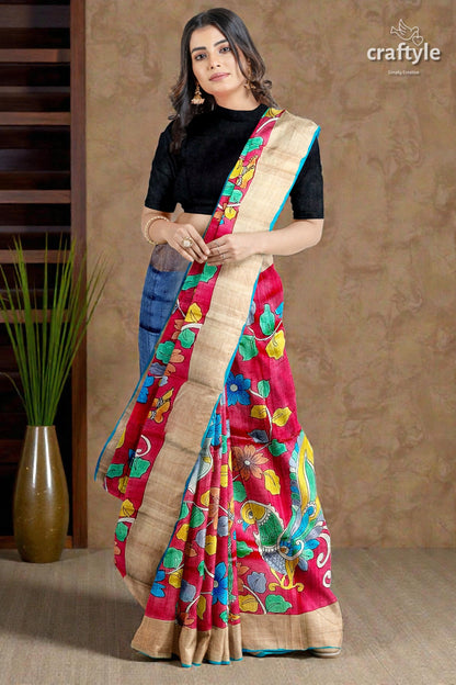 Hand-Painted Pure Tussar Silk Saree - Red Kalamkari Design with Zari Border