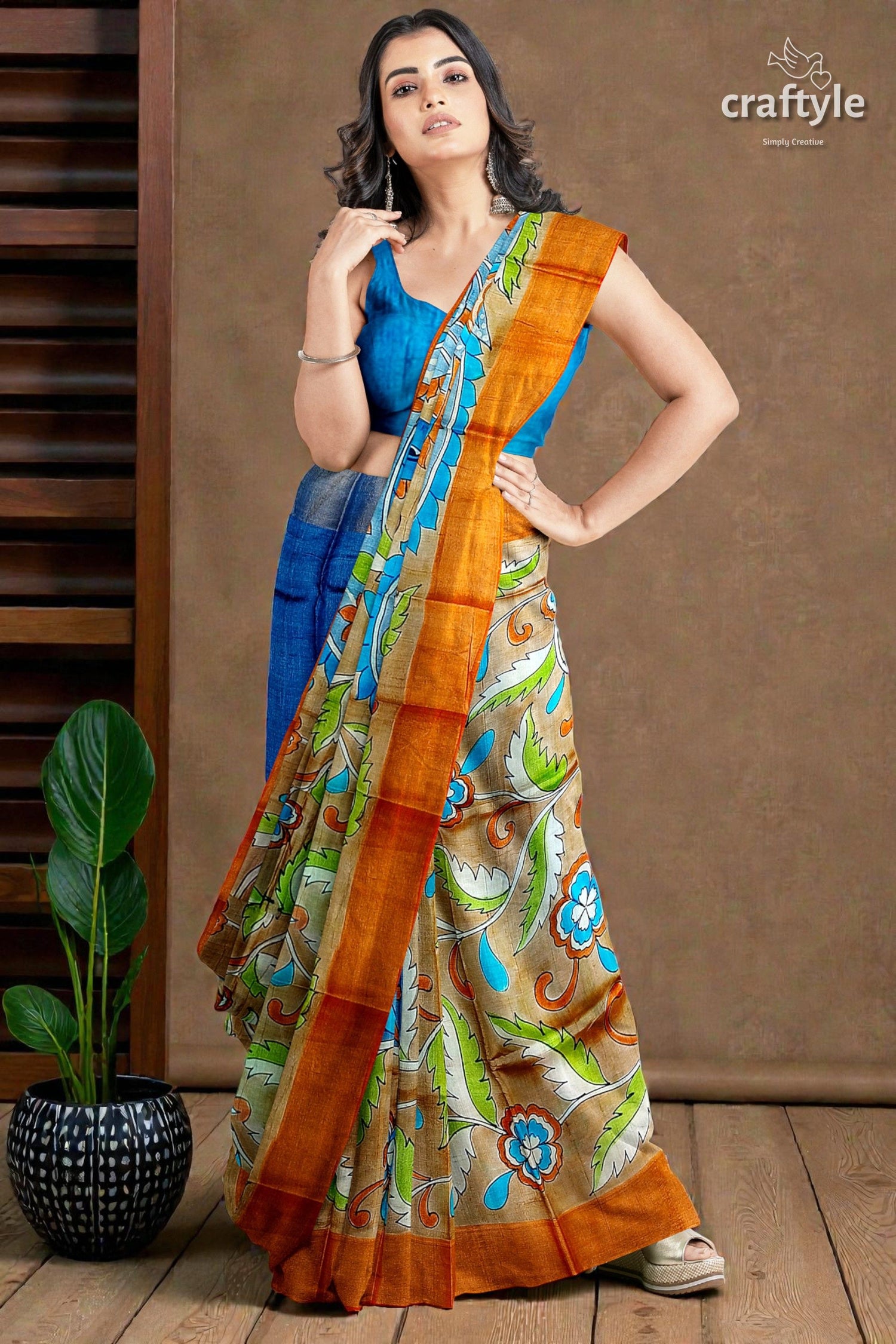 Hand Painted Kalamkari Sari - Rodeo Dust Premium Quality Zari Border Pure Tussar