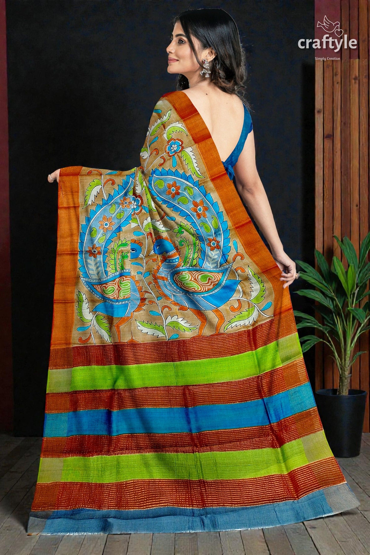 Hand Painted Kalamkari Sari - Rodeo Dust Premium Quality Zari Border Pure Tussar