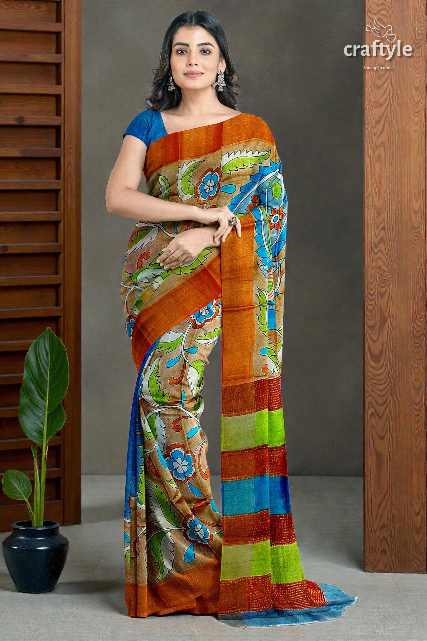 Hand Painted Kalamkari Sari - Rodeo Dust Premium Quality Zari Border Pure Tussar