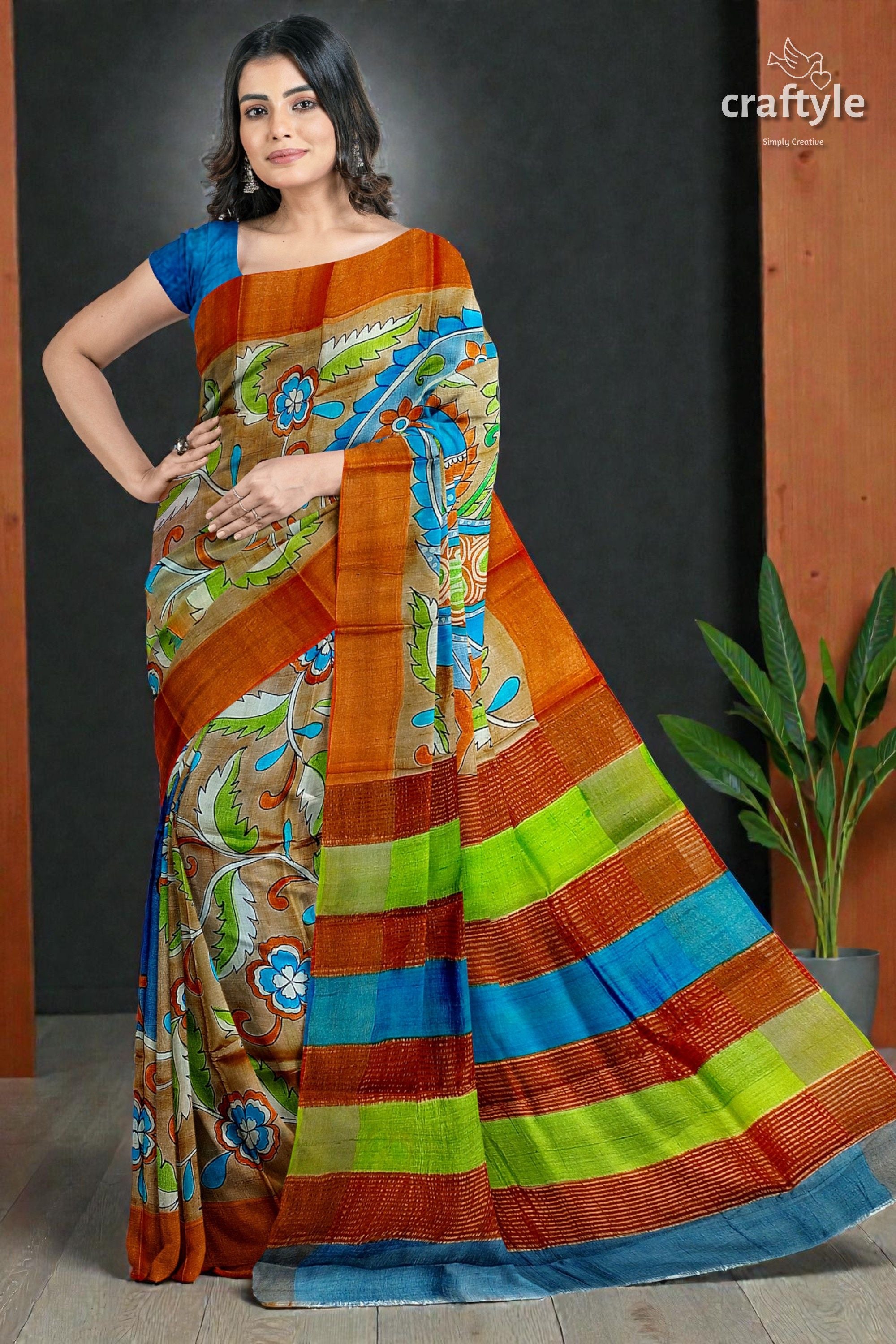 Hand Painted Kalamkari Sari - Rodeo Dust Premium Quality Zari Border Pure Tussar