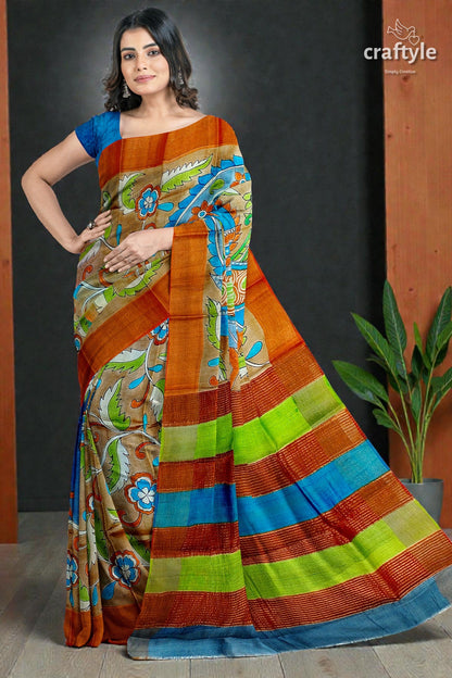 Hand Painted Kalamkari Sari - Rodeo Dust Premium Quality Zari Border Pure Tussar