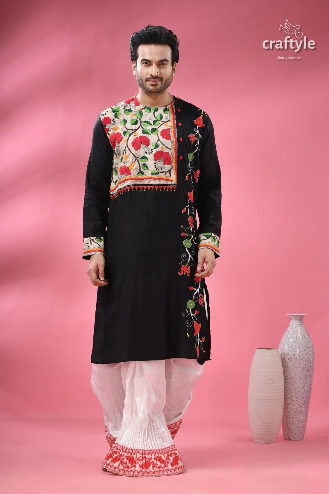 Hand kantha embroidery cotton ethnic panjabi for men black long sleeved kurta colorful floral 1