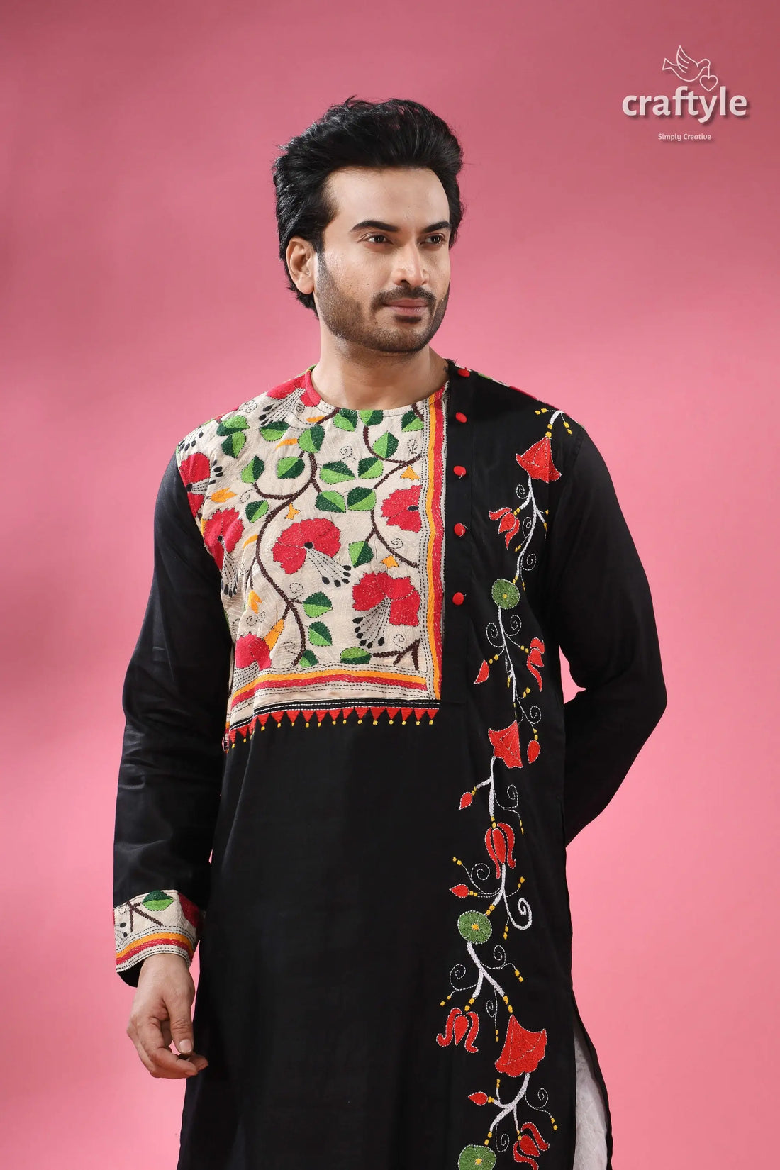 Hand kantha embroidery cotton ethnic panjabi for men men’s black embroidered kurta floral 2