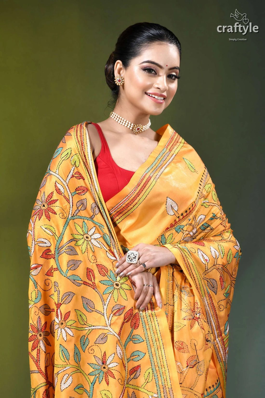 Hand kantha embroidery floral design silk saree in saffron mango vibrant orange embroidered saree intricate 2