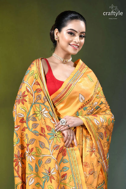 Hand kantha embroidery floral design silk saree in saffron mango vibrant orange embroidered saree intricate 2