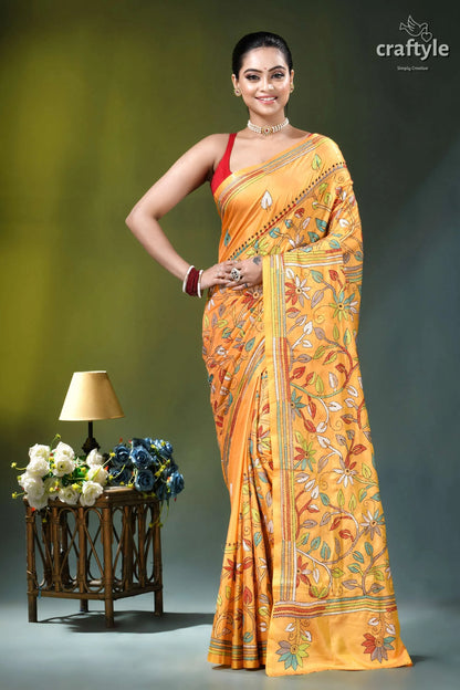 Hand kantha embroidery floral design silk saree in saffron mango vibrant orange saree intricate floral 1