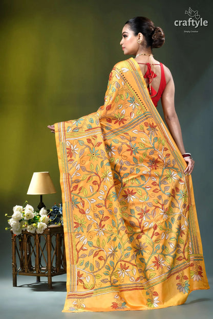 Hand kantha embroidery floral design silk saree in saffron mango vibrant yellow saree adorned intricate 4