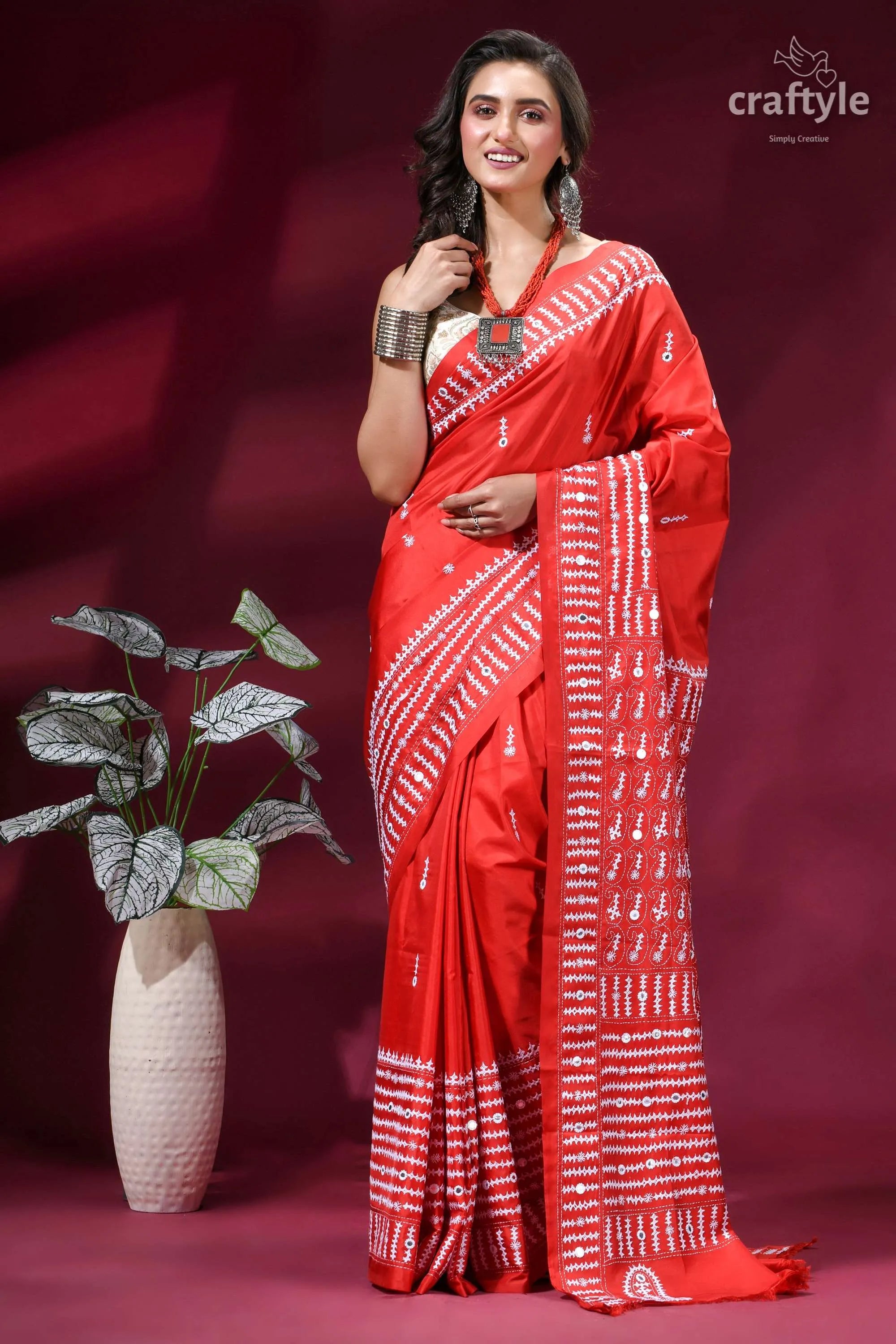 Hand kutch embroidered silk saree in lava red - mirror detailing vibrant red saree intricate white 6