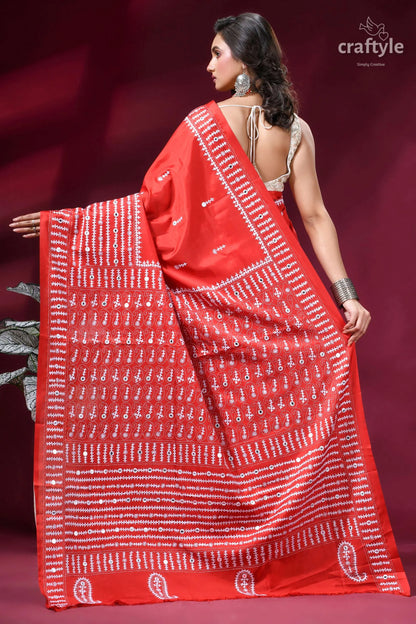 Hand kutch embroidered silk saree in lava red - mirror detailing vibrant red saree intricate white 5