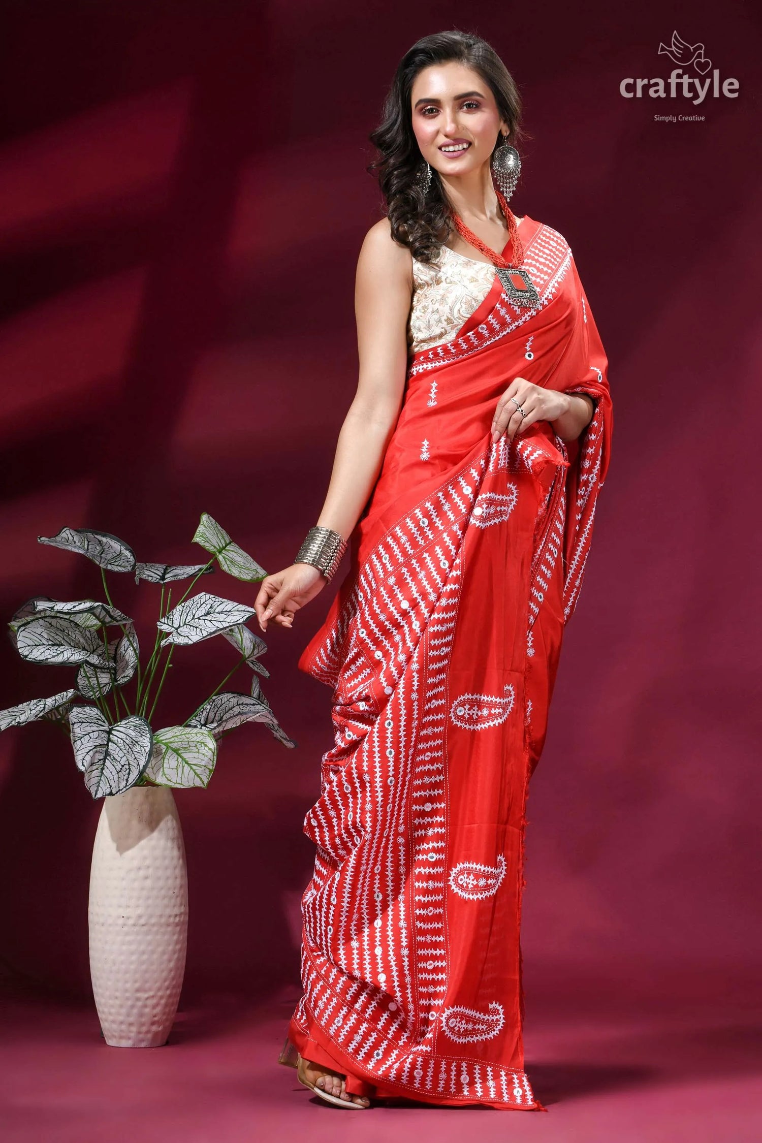 Hand kutch embroidered silk saree in lava red - mirror detailing vibrant red saree intricate white 4