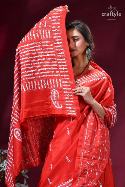 Hand kutch embroidered silk saree in lava red - mirror detailing vibrant red saree intricate white 7