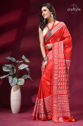 Hand kutch embroidered silk saree in lava red - mirror detailing vibrant red saree intricate white 3