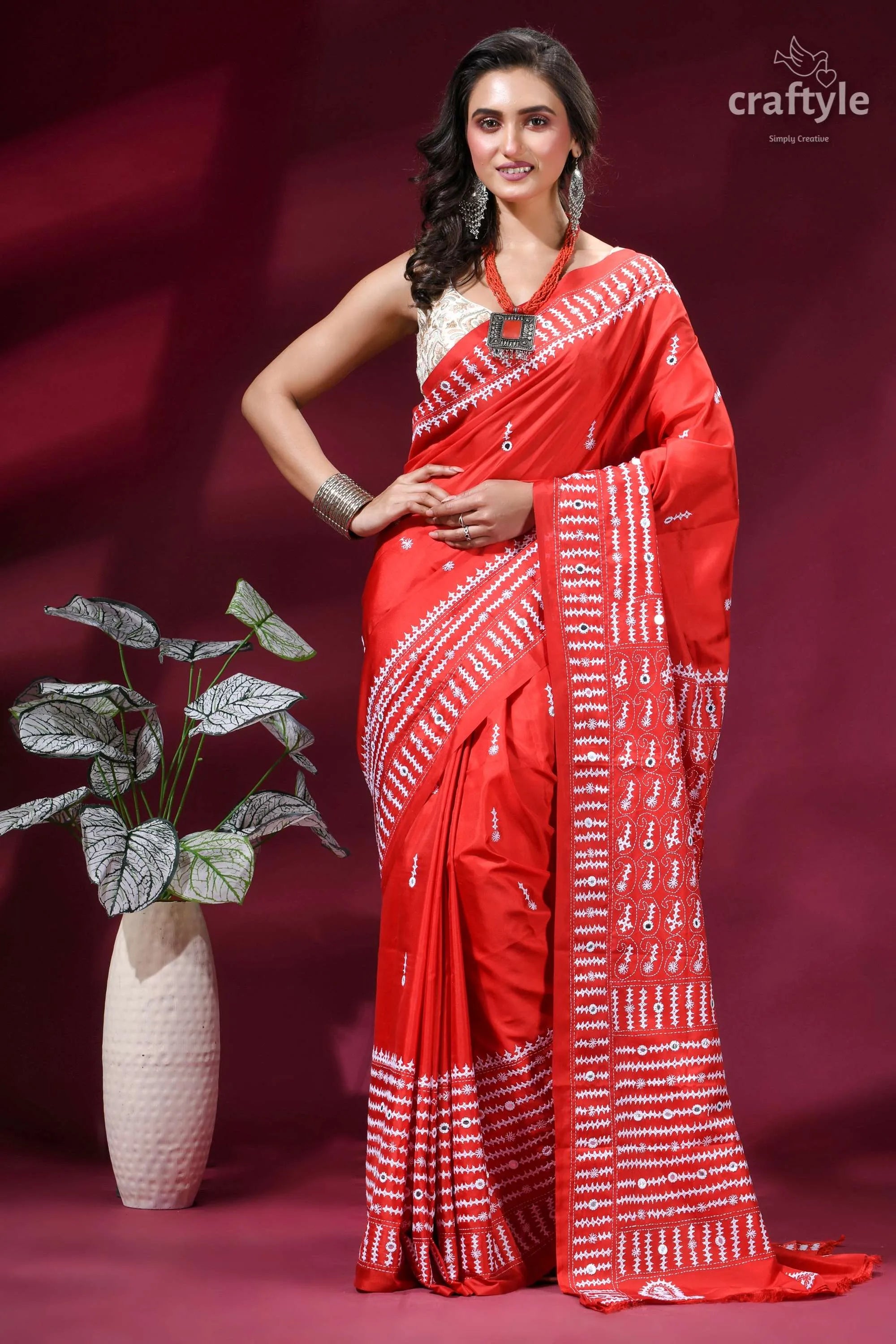 Hand kutch embroidered silk saree in lava red - mirror detailing red silk saree intricate white 1