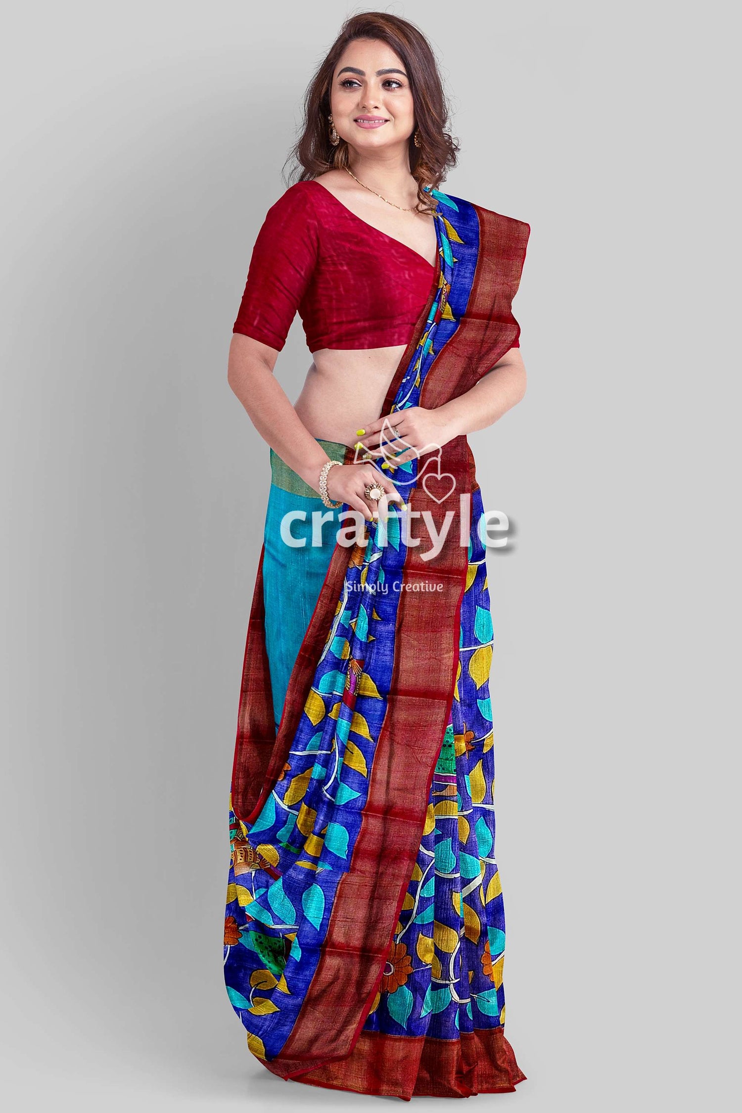 Hand-Painted Admiral Blue Pure Tussar Kalamkari Saree with Zari Border - Craftyle