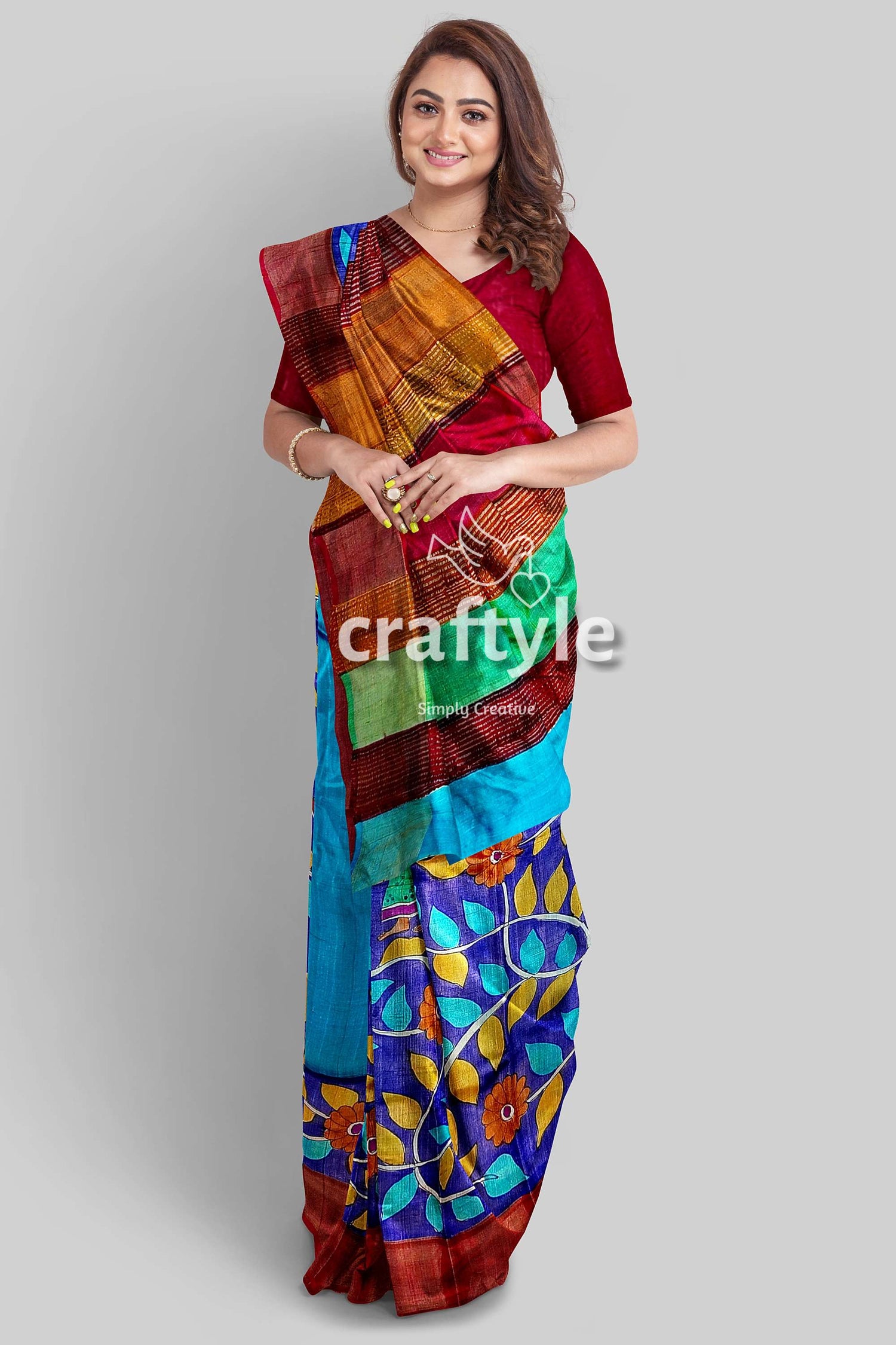 Hand-Painted Admiral Blue Pure Tussar Kalamkari Saree with Zari Border - Craftyle