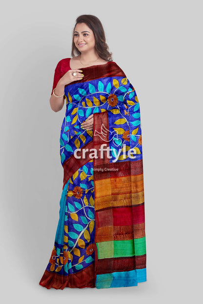 Hand-Painted Admiral Blue Pure Tussar Kalamkari Saree with Zari Border - Craftyle