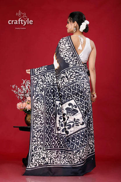 Hand-painted black and white batik cotton saree - pure elegant black white patterned saree 5