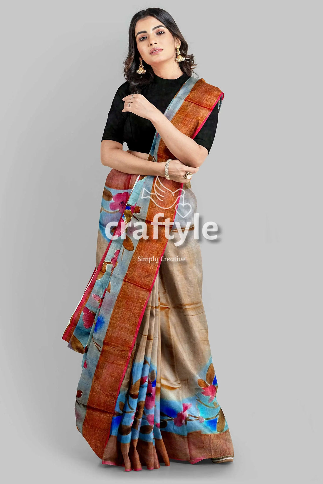 Hand painted blue grey pure tussar silk saree with zari detailing woman floral saree 1