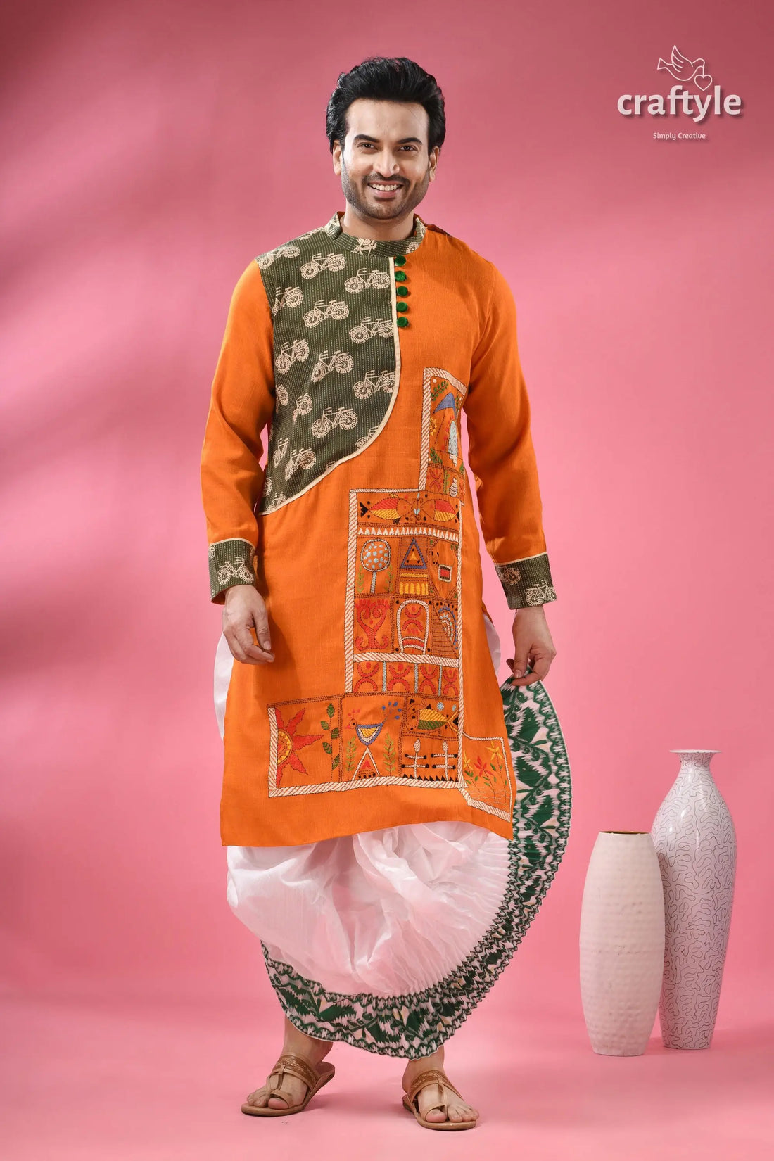 Hand painted boutique cotton panjabi for men with kantha stitch design men’s orange green patterned kurta 1
