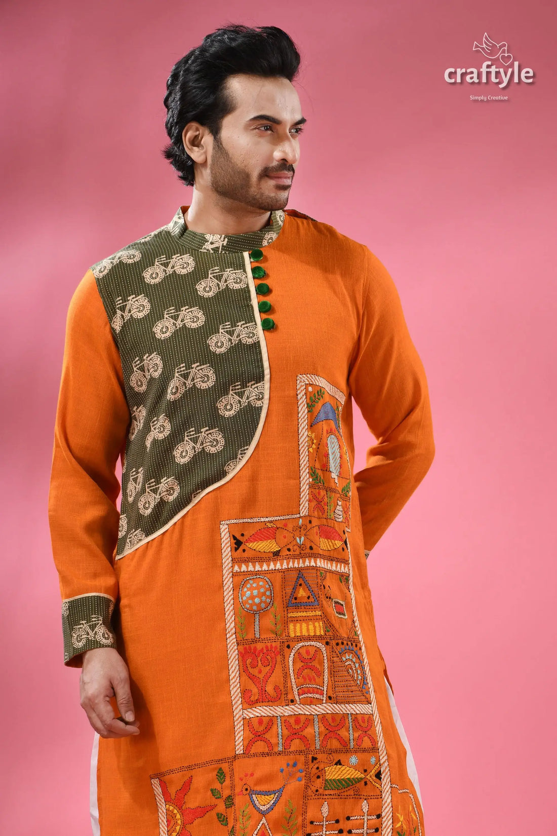 Hand painted boutique cotton panjabi for men with kantha stitch design men’s orange kurta green patterned 2