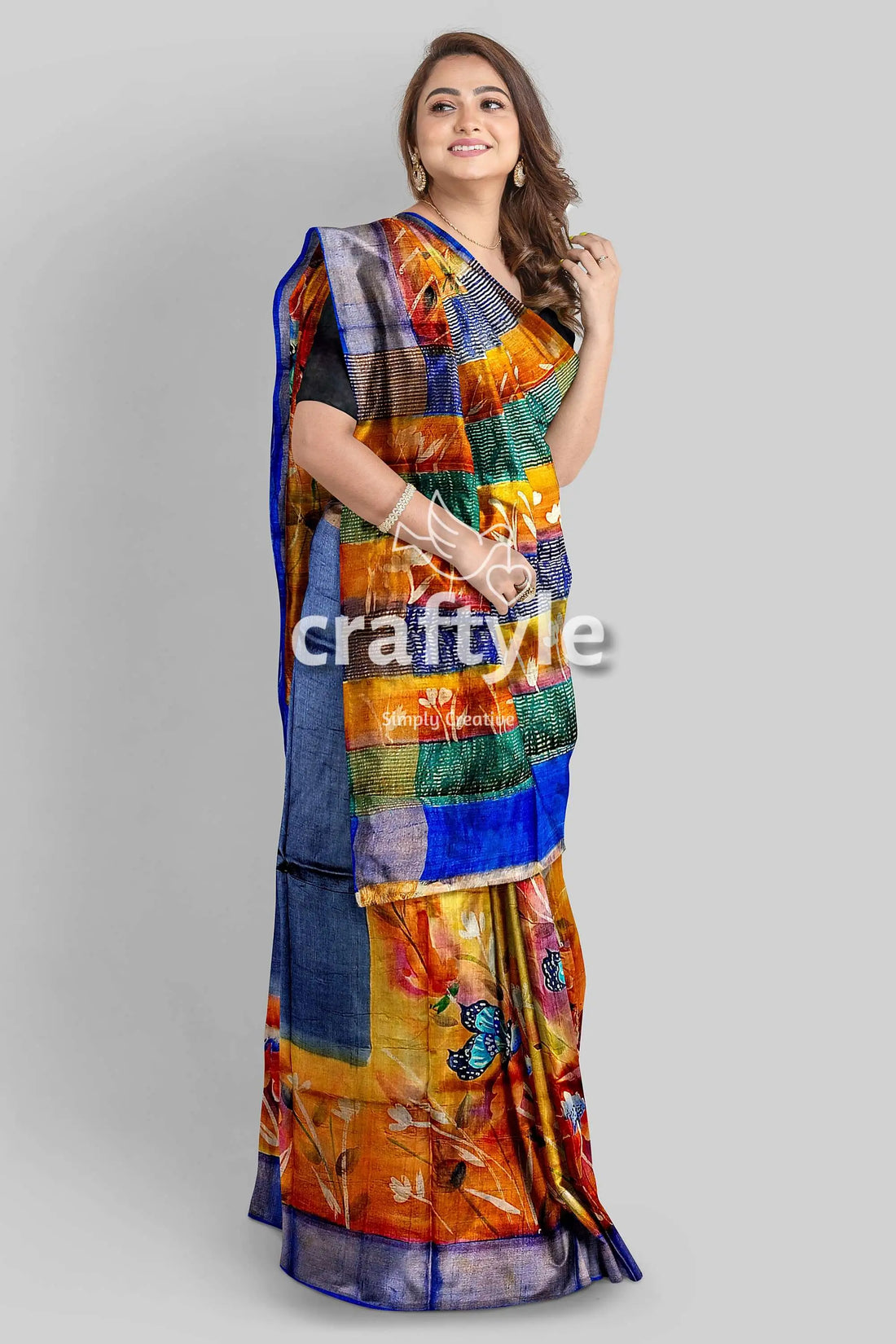 Hand painted butterfly design zari pure tussar saree - perfect for any occasion colorful patchwork saree 1