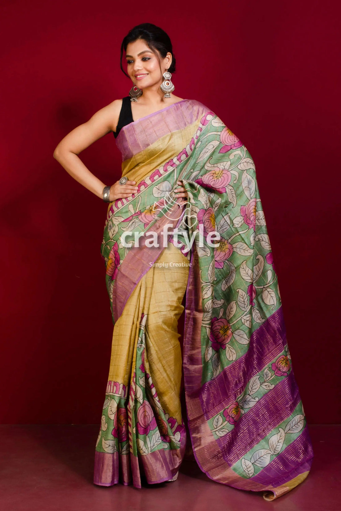 Hand painted california peach pure tussar kalamkari sari with zari border woman floral-patterned saree 2