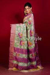 Hand Painted California Peach Pure Tussar Kalamkari Sari with Zari Border - Craftyle