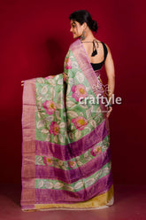 Hand Painted California Peach Pure Tussar Kalamkari Sari with Zari Border - Craftyle