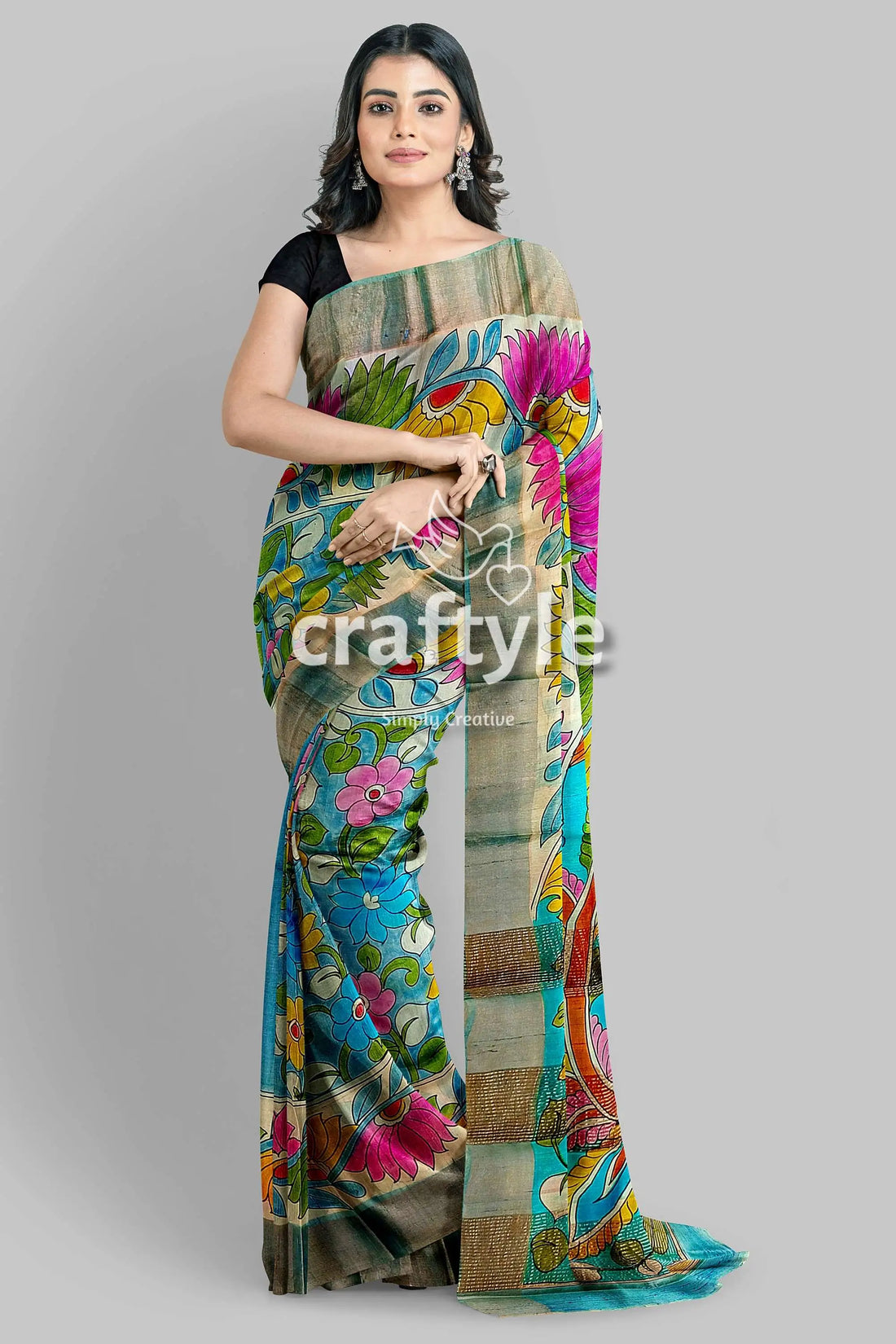 Hand-painted floral motif pure tussar kalamkari sari with zari border floral-patterned saree 2