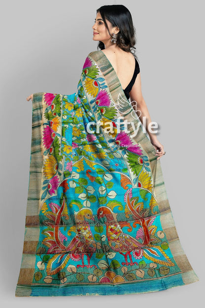 Hand-Painted Floral Motif Pure Tussar Kalamkari Sari with Zari Border - Craftyle