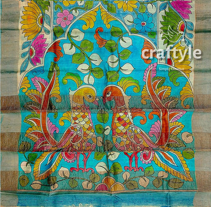 Hand-Painted Floral Motif Pure Tussar Kalamkari Sari with Zari Border - Craftyle