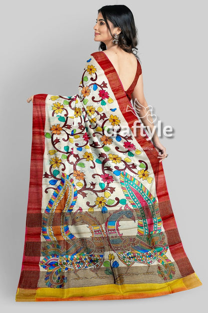 Hand Painted Floral Tussar Kalamkari Saree with Zari Border - Pure Tussar Silk - Craftyle