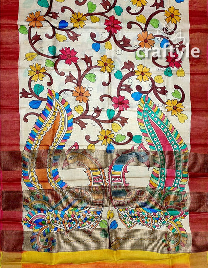 Hand Painted Floral Tussar Kalamkari Saree with Zari Border - Pure Tussar Silk - Craftyle