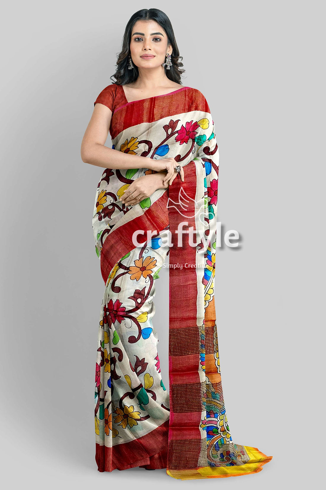 Hand Painted Floral Tussar Kalamkari Saree with Zari Border - Pure Tussar Silk - Craftyle
