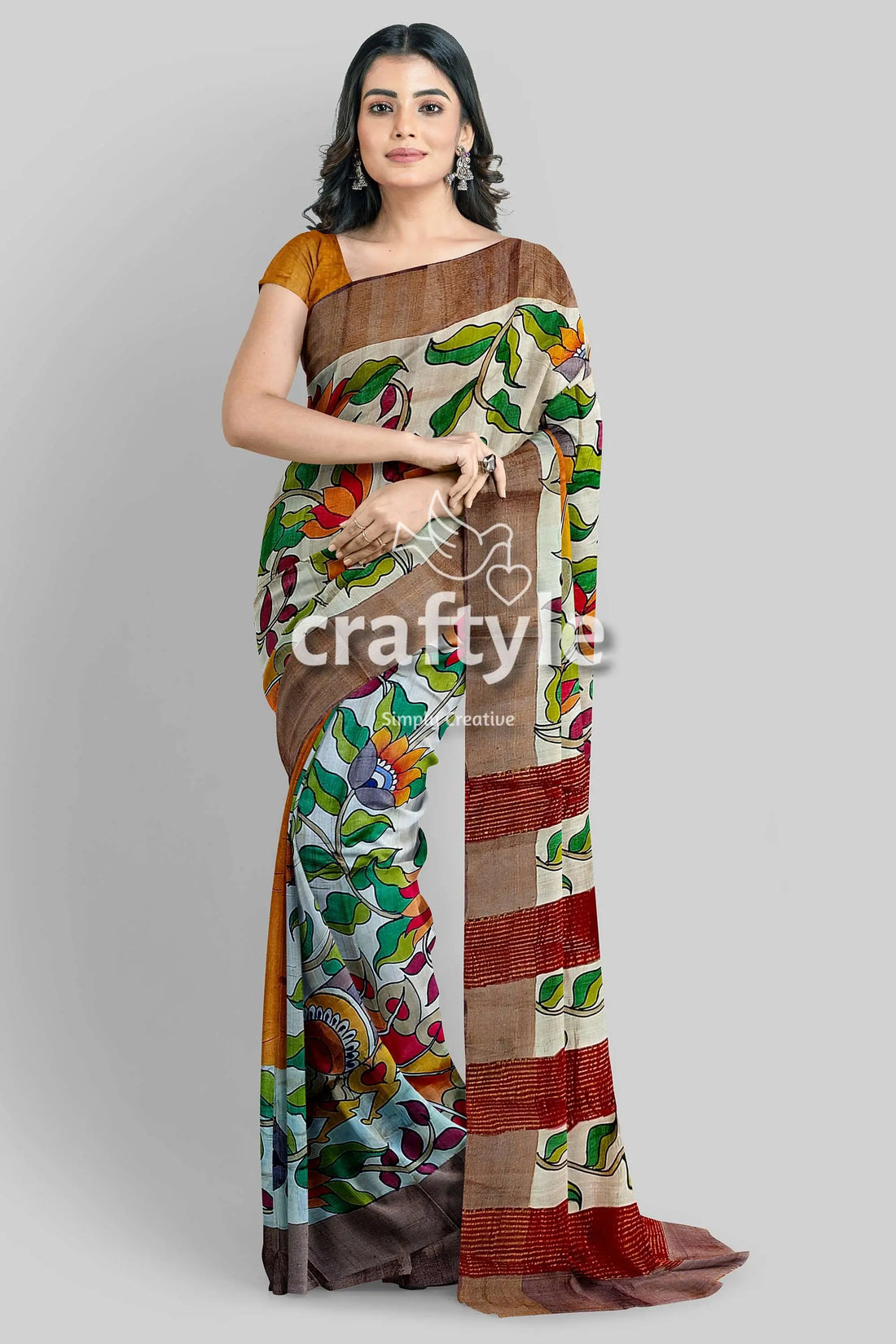 Hand painted green leaf pure tussar kalamkari saree with zari border woman floral-patterned saree 1