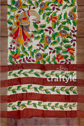 Hand painted green leaf pure tussar kalamkari saree with zari border hand-painted fabric floral bird design 6