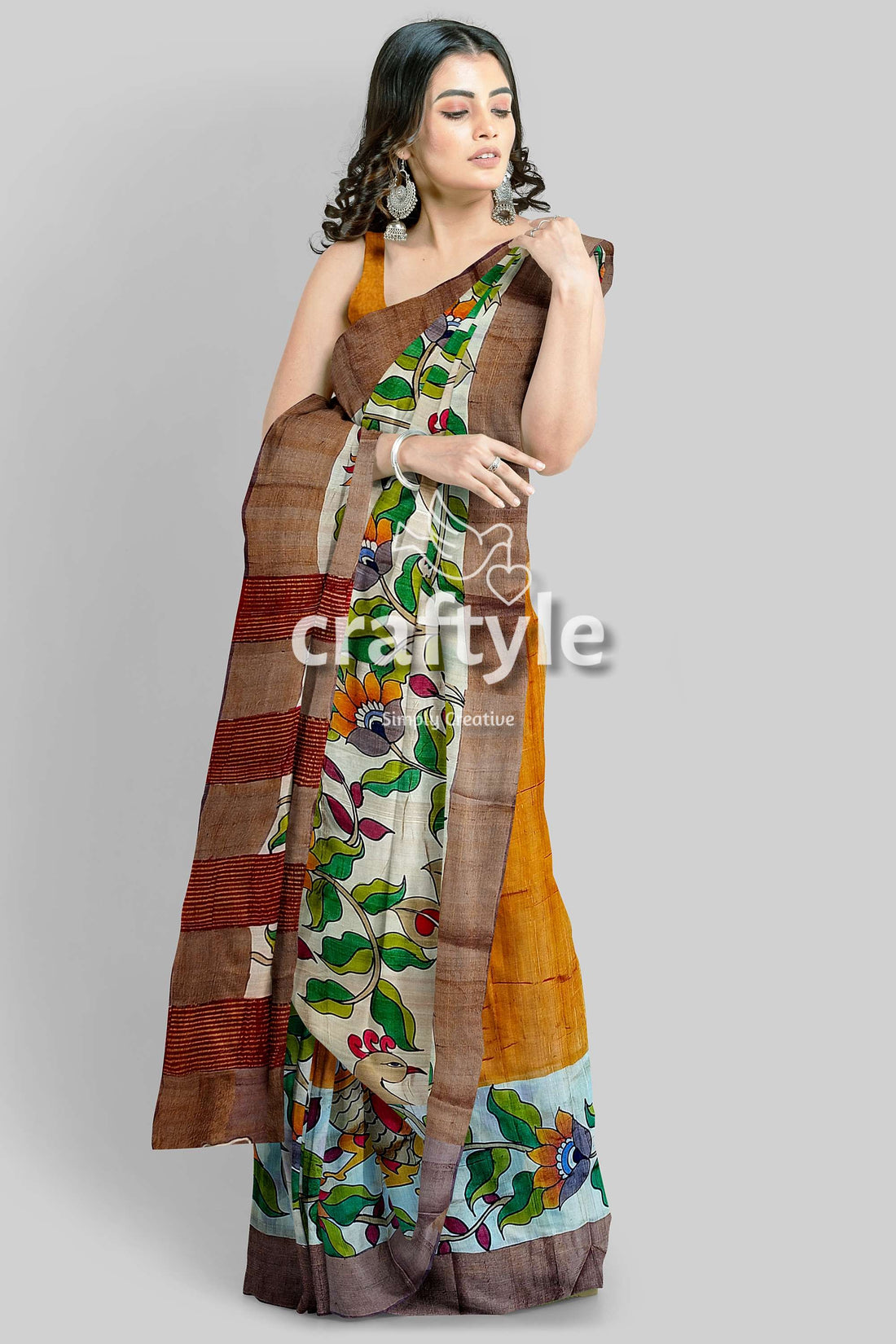 Hand Painted Green Leaf Pure Tussar Kalamkari Saree with Zari Border - Craftyle