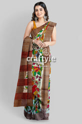 Hand Painted Green Leaf Pure Tussar Kalamkari Saree with Zari Border - Craftyle
