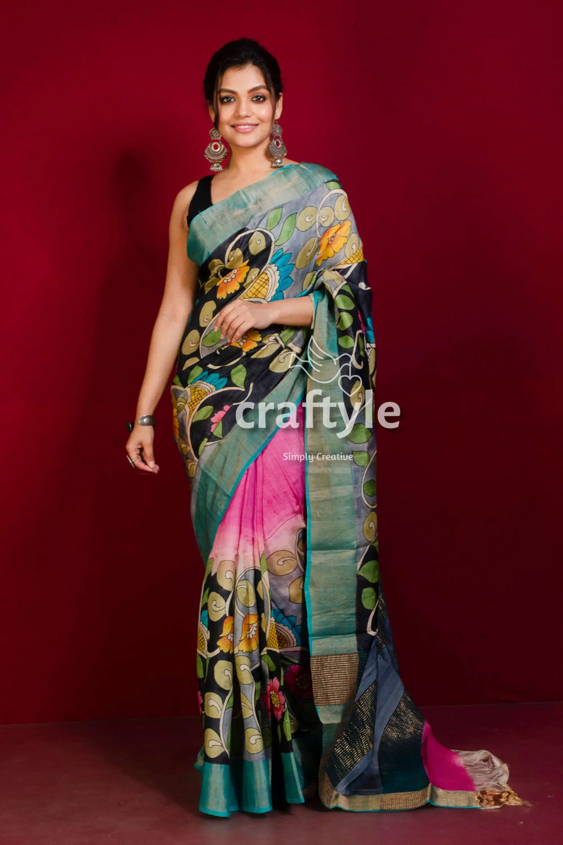 Hand-painted hot pink and black pure tussar kalamkari saree with zari border floral-patterned saree pink section 2