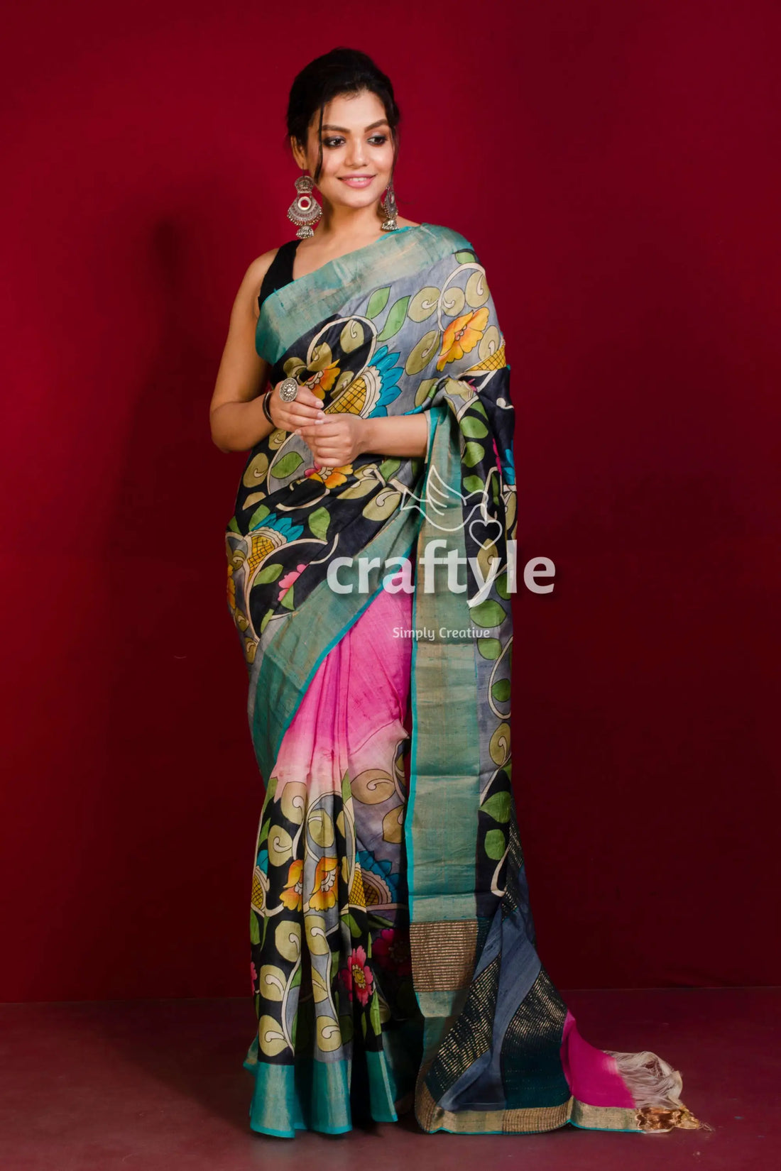 Hand-painted hot pink and black pure tussar kalamkari saree with zari border floral-patterned saree pink gray hues 1
