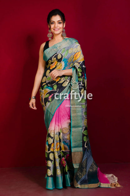 Hand-Painted Hot Pink and Black Pure Tussar Kalamkari Saree with Zari Border - Craftyle