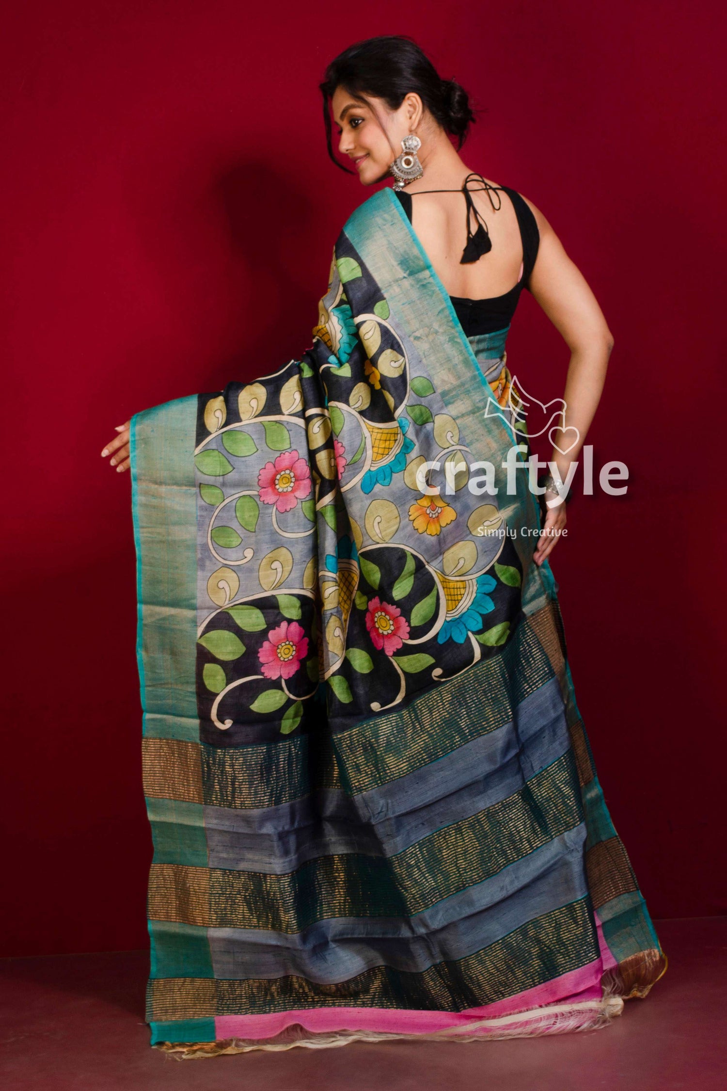 Hand-Painted Hot Pink and Black Pure Tussar Kalamkari Saree with Zari Border - Craftyle