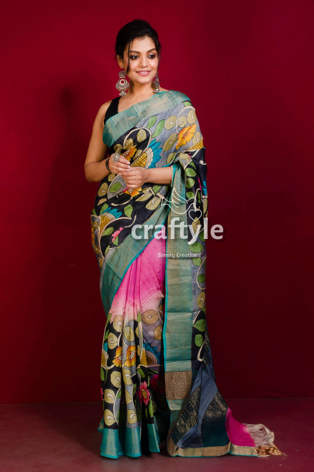 Hand-Painted Hot Pink and Black Pure Tussar Kalamkari Saree with Zari Border - Craftyle