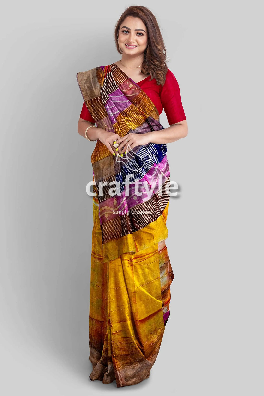 Hand painted indian yellow pure tussar silk saree with zari detailing woman colorful saree 2